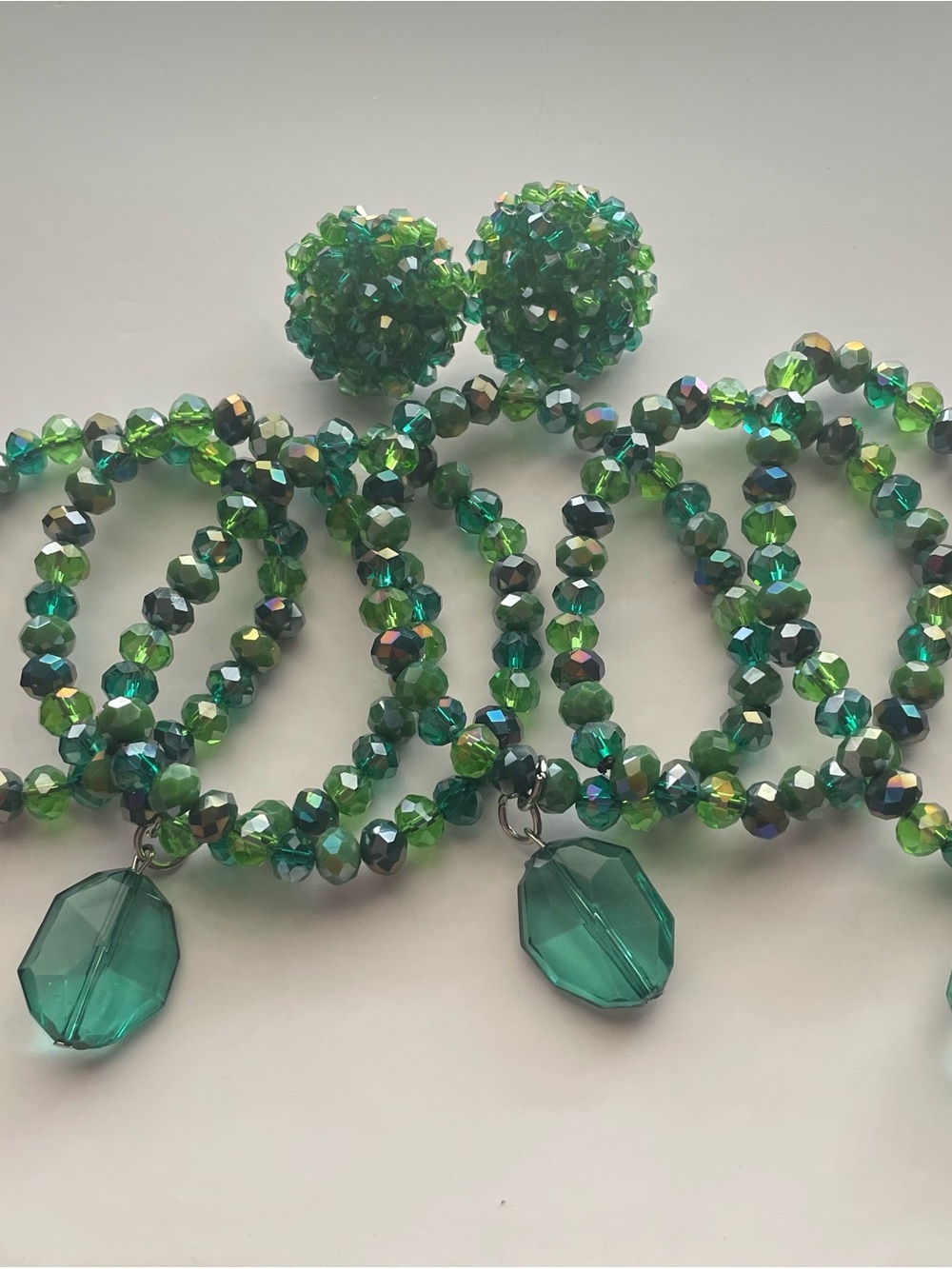 Sassy Jones Green Crystal Beaded Stretch Bracelet Set with Drop Charms